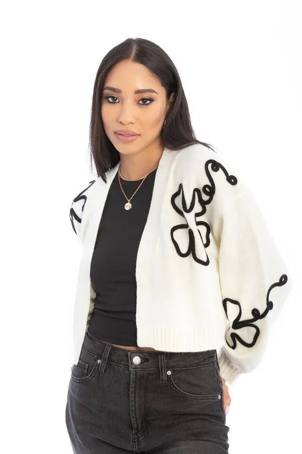 Cropped Flower Squiggle Cardigan - SAACHI - White / One Size — Fits All - Cardigan