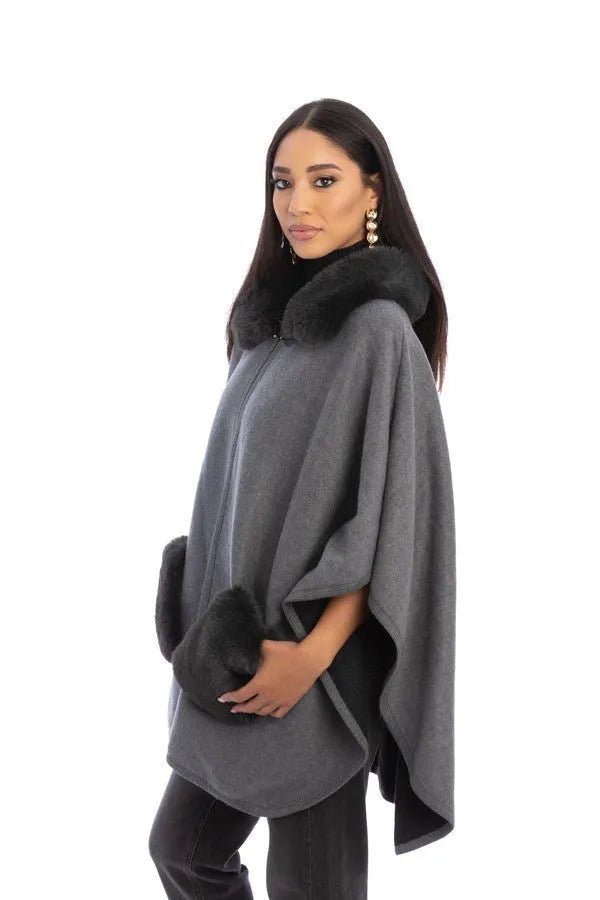 Delilah Faux Fur Pocketed Kimono Dark Gray