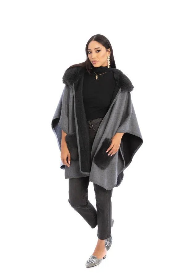 Delilah Faux Fur Pocketed Kimono Dark Gray