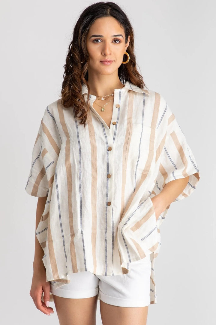 Oversized Striped Linen Cotton Shirt Ivory