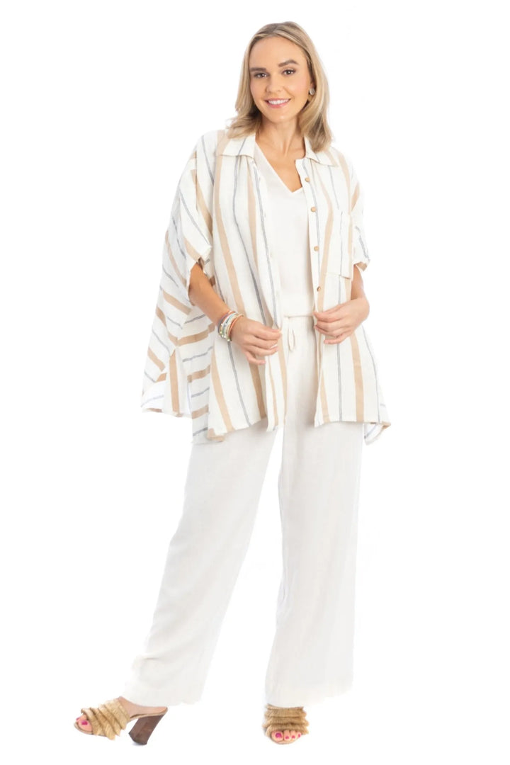 Oversized Striped Linen Cotton Shirt Ivory