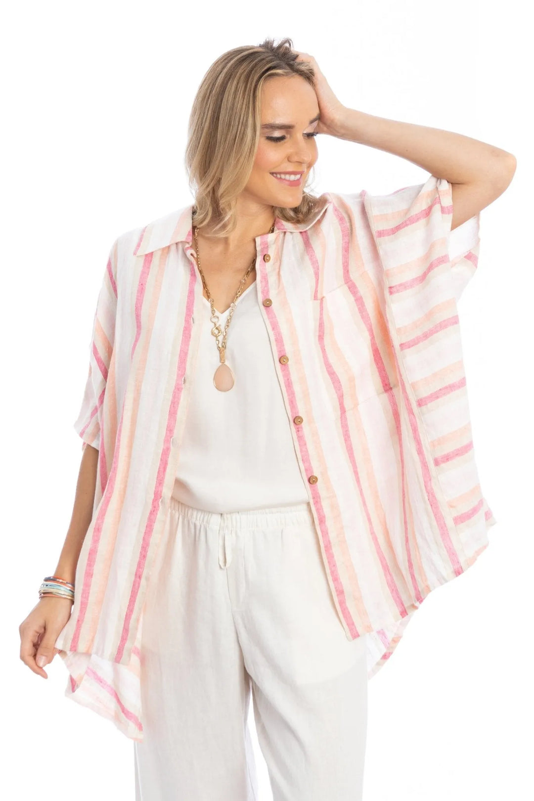 Oversized Striped Linen Shirt Pink