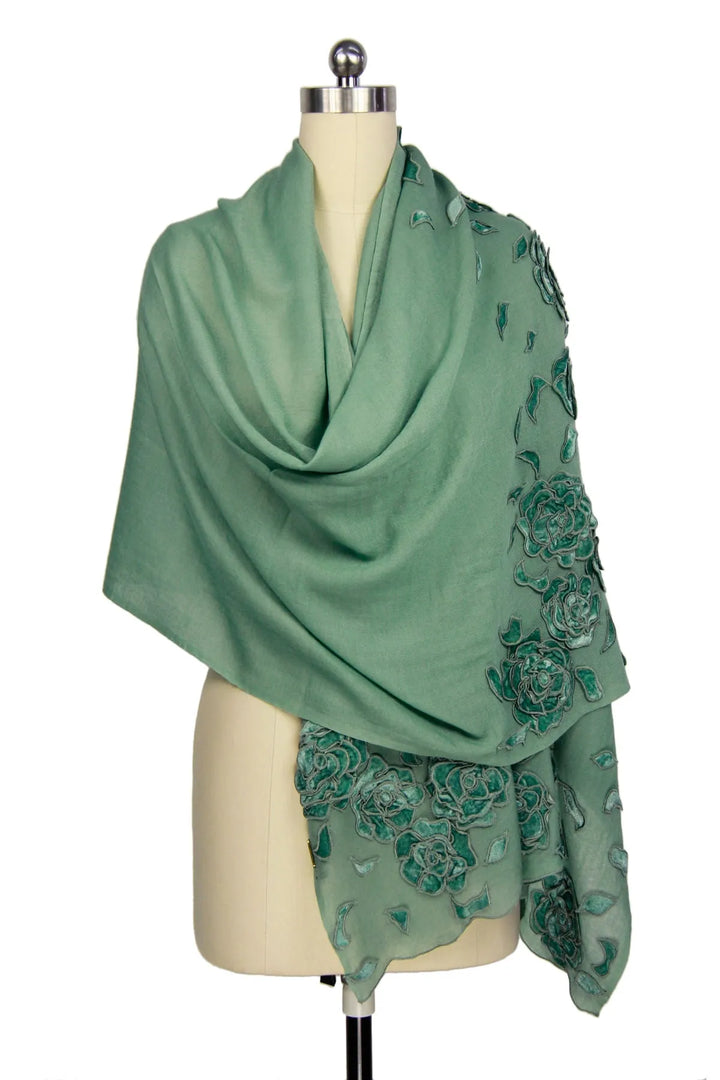 Woolen Velvet Flower Embroidered Scarf Medium Sea green