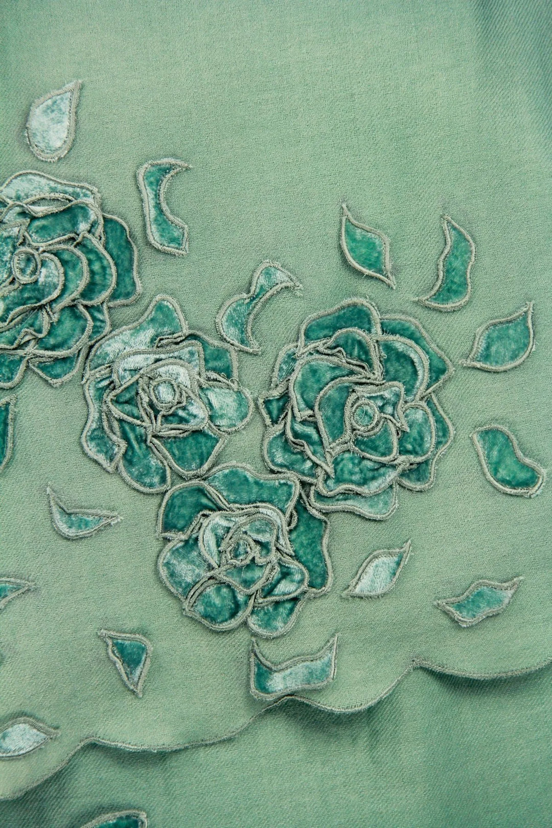 Woolen Velvet Flower Embroidered Scarf Medium Sea green