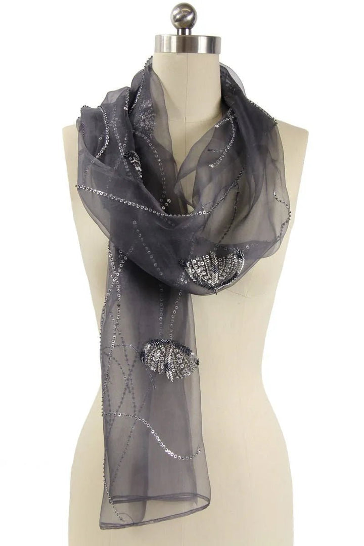 Organza Embellished Silk Scarf Gray