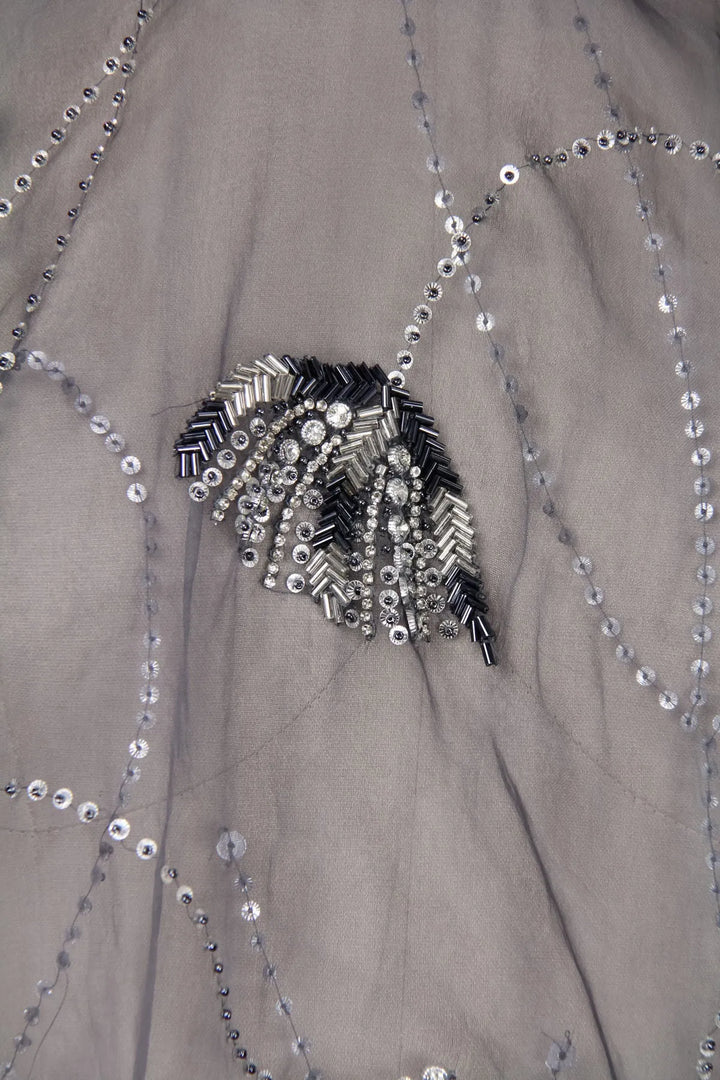 Organza Embellished Silk Scarf Gray