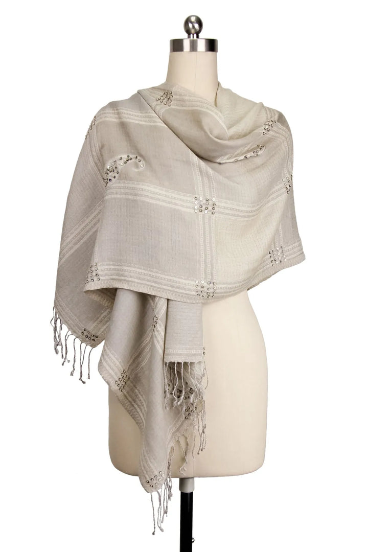 Oversized Paisley Embroidered Block Scarf Beige