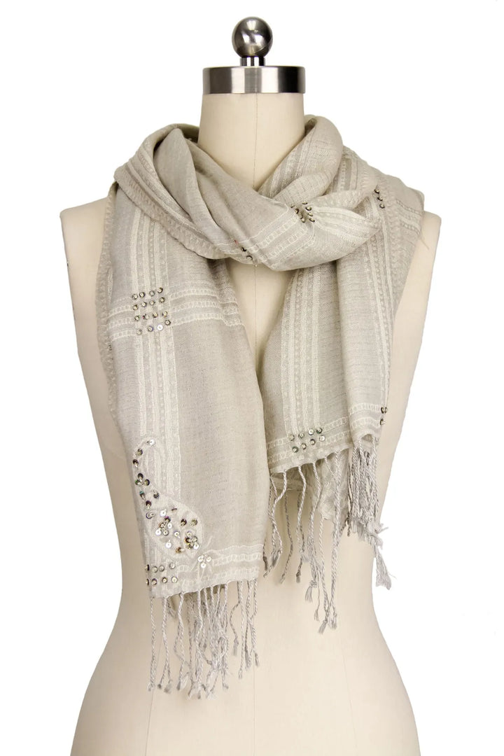 Oversized Paisley Embroidered Block Scarf Beige