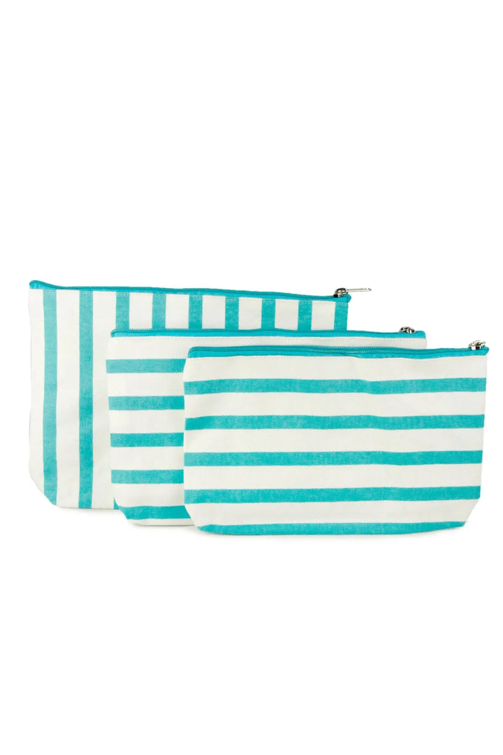 Turquoise Striped Cosmetics Bag Set of 3 Turquoise