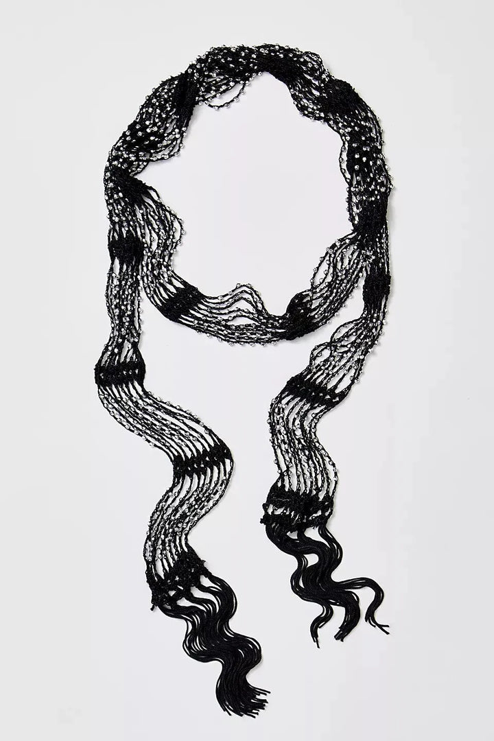 Hand Crochet Beaded Scarf Necklace Black