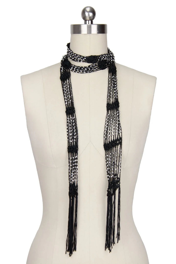 Hand Crochet Beaded Scarf Necklace Black