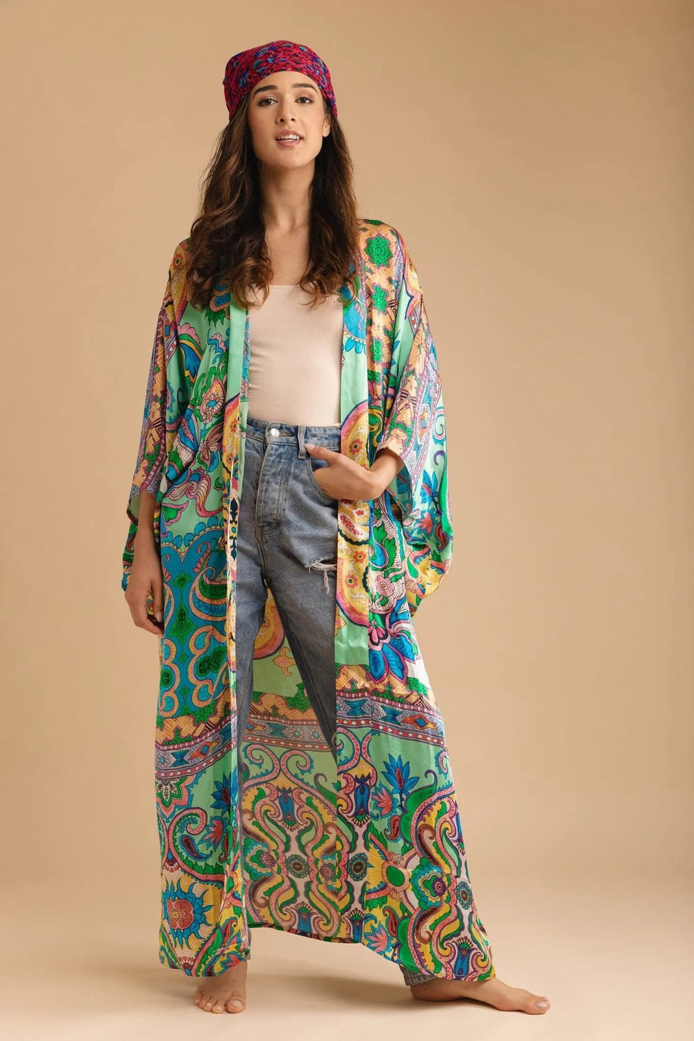 Margo Multi Paisley Print Kimono Light Green