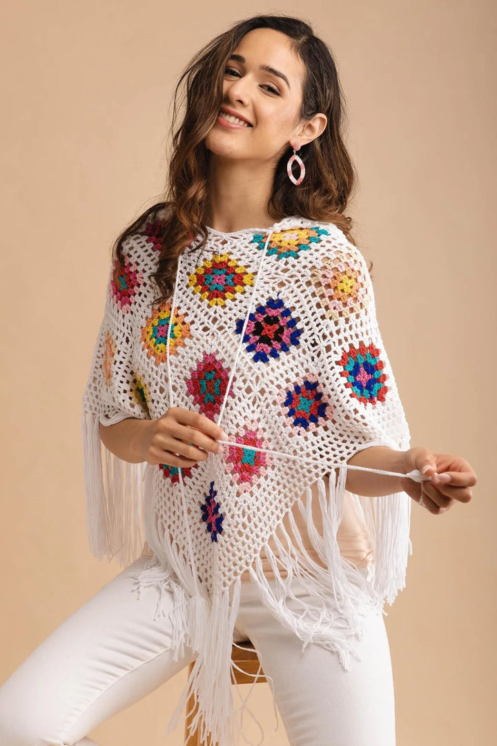 White Square Crochet Fringe Poncho White