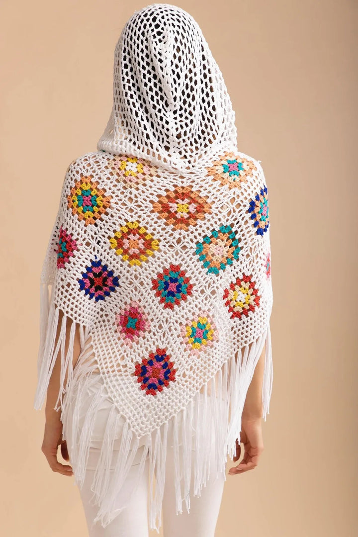 White Square Crochet Fringe Poncho White