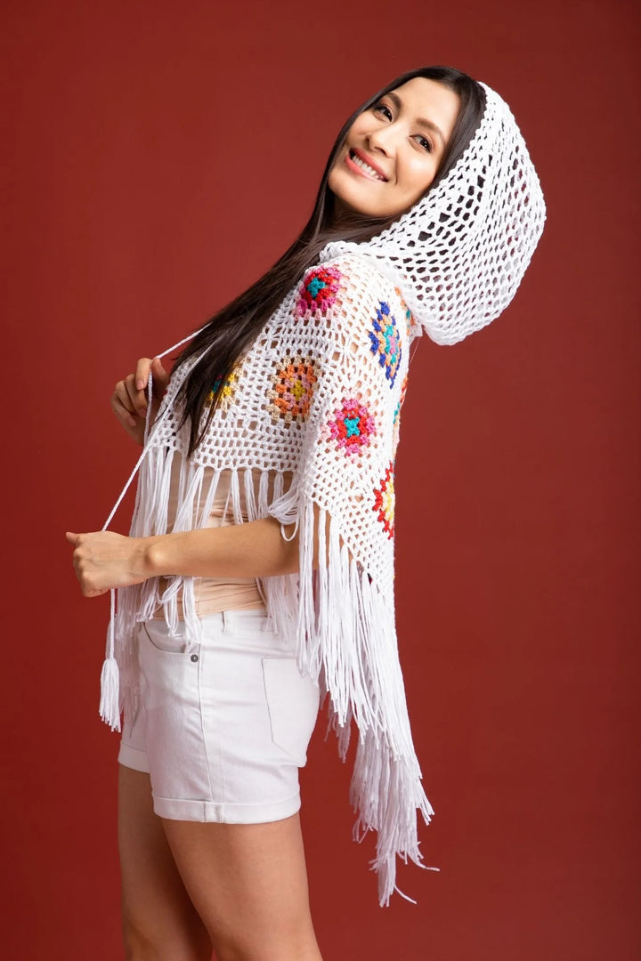 White Square Crochet Fringe Poncho White