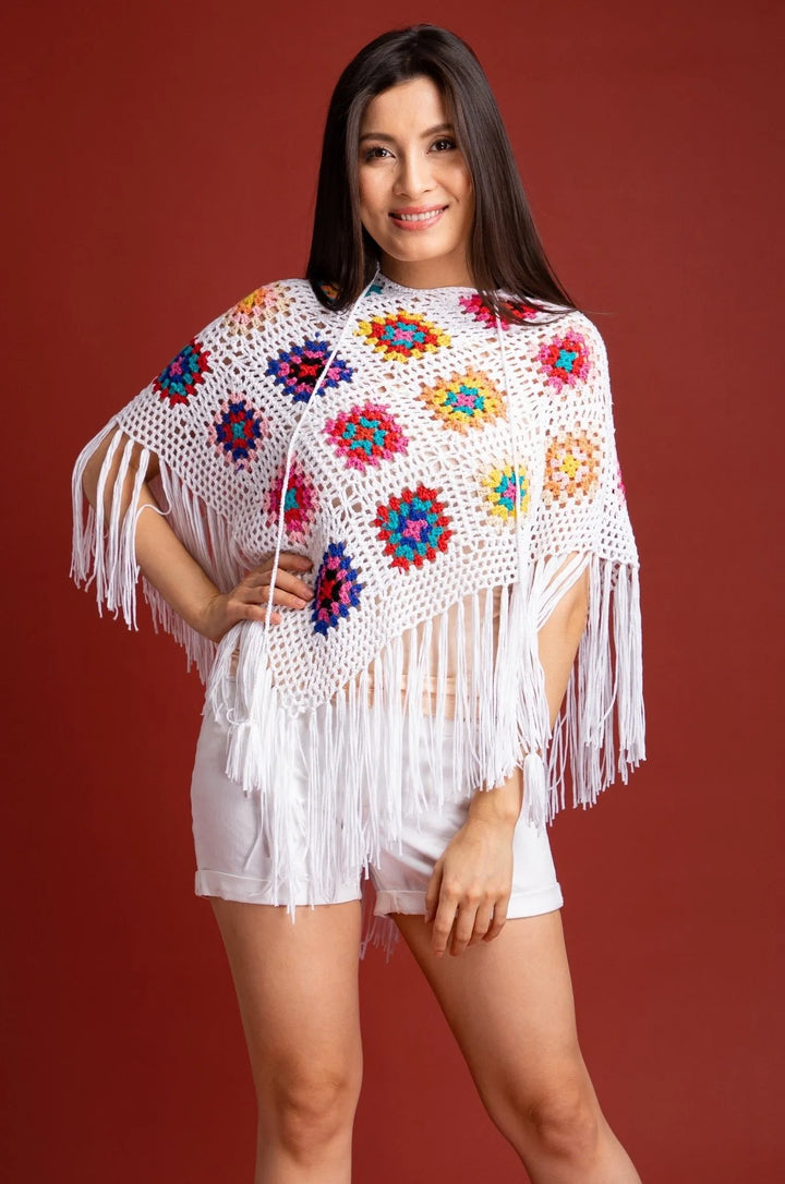 White Square Crochet Fringe Poncho White