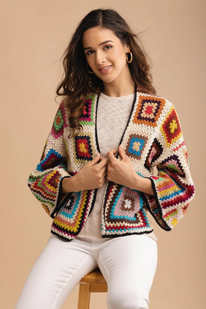 Granny Multi Square Crochet Short Jacket Dark Multi