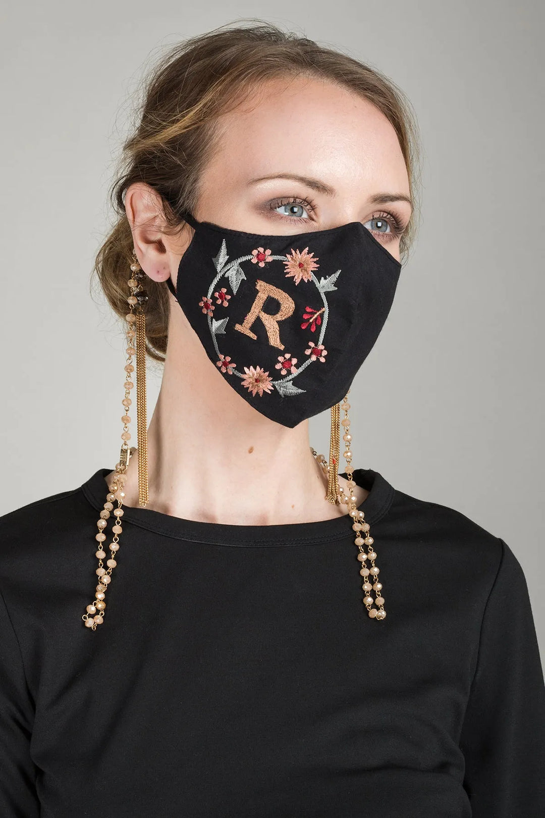 Custom Black Embroidered Monogram Face Mask Black