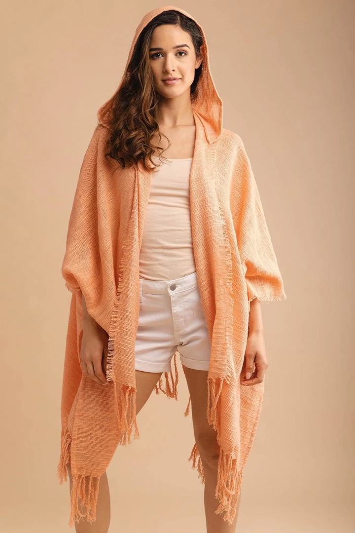 Dawn To Dusk Cotton Hooded Kimono - SAACHI - Sandy Brown - Kimono