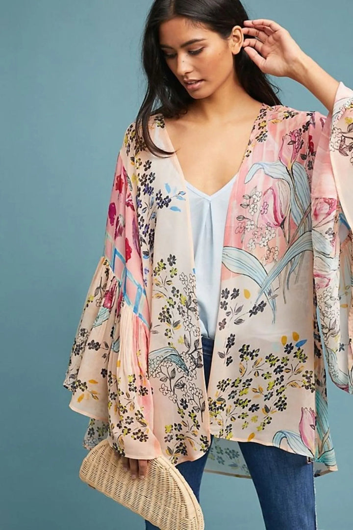 Mystical Garden Ruffle Sleeve Kimono Pink