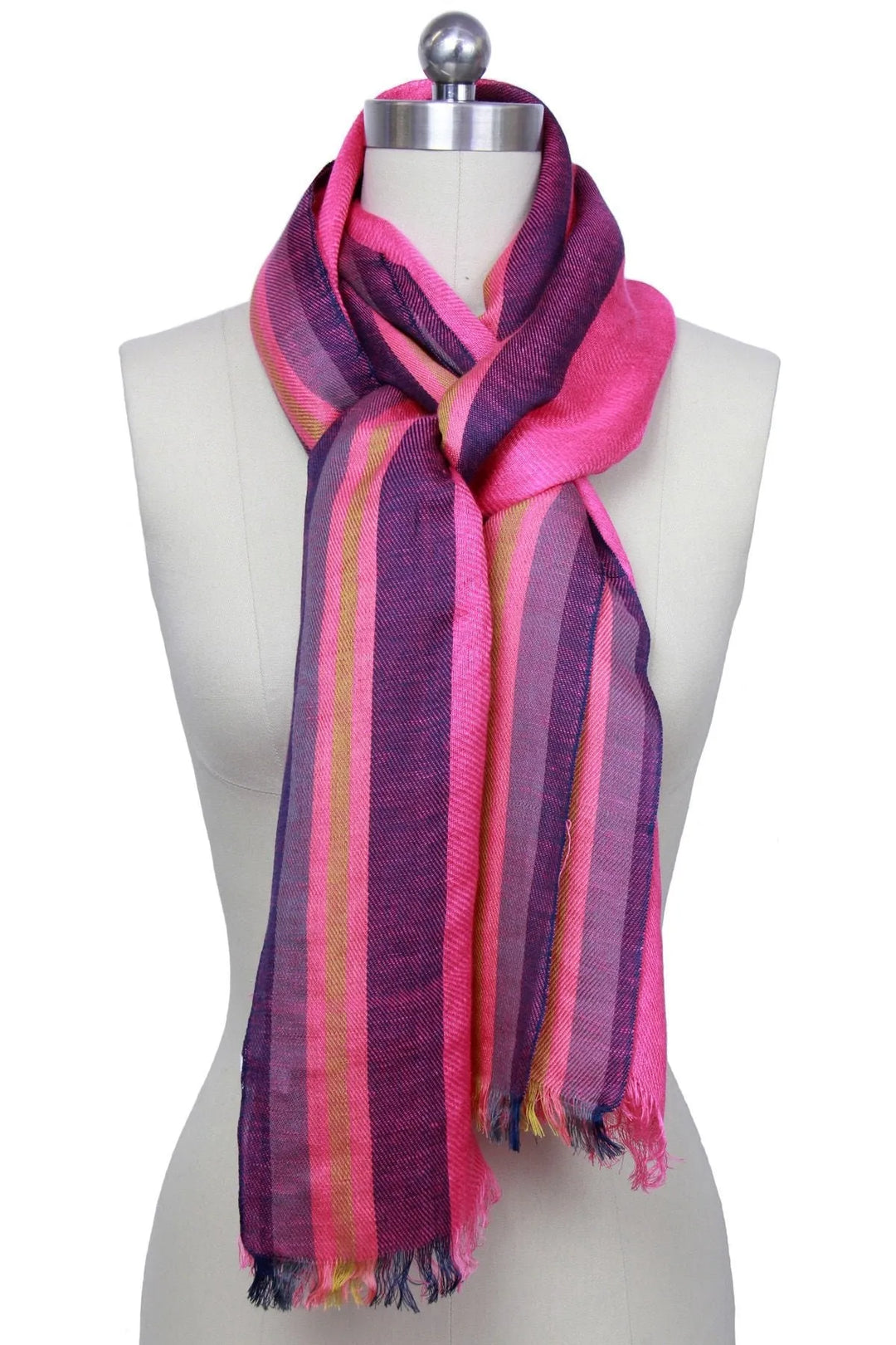 Pink Striped Scarf with Fringe Hot Pink