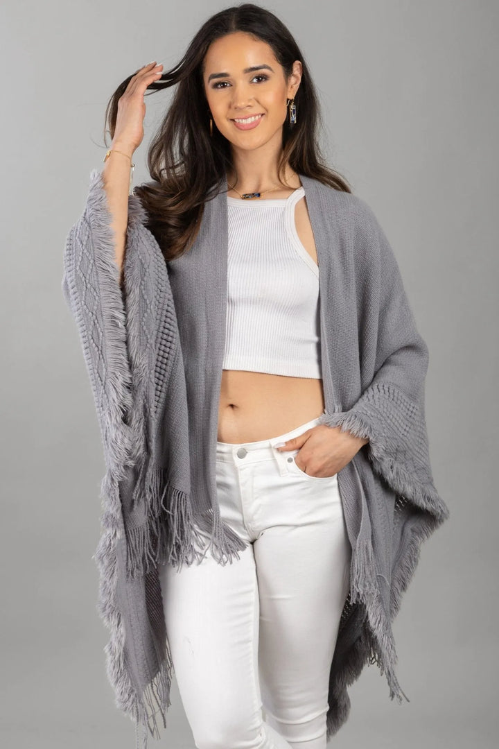 Fringed Trim Kimono Gray