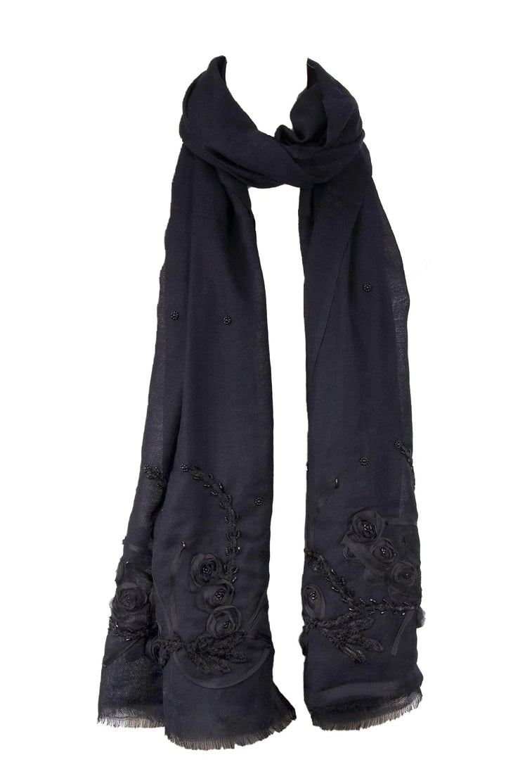 Cary Floral Embroidered Black Scarf Black