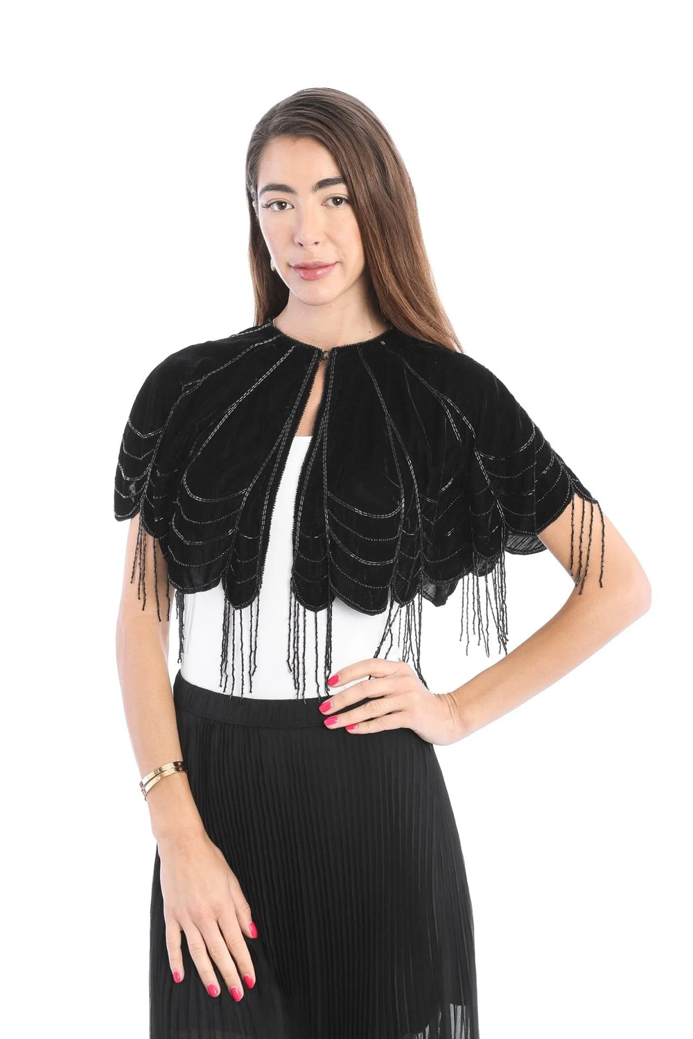 Scallops Embellished Velvet Capelet Black