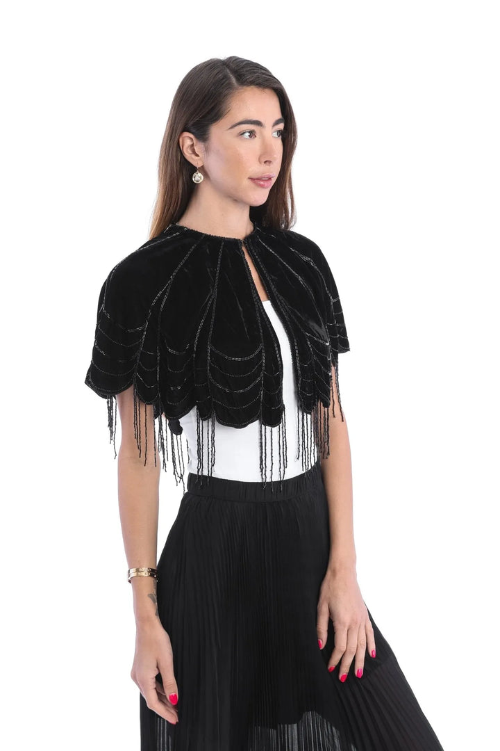 Scallops Embellished Velvet Capelet Black