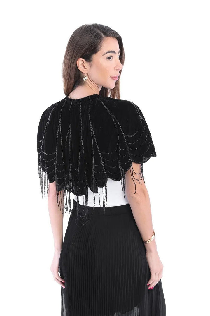 Scallops Embellished Velvet Capelet Black