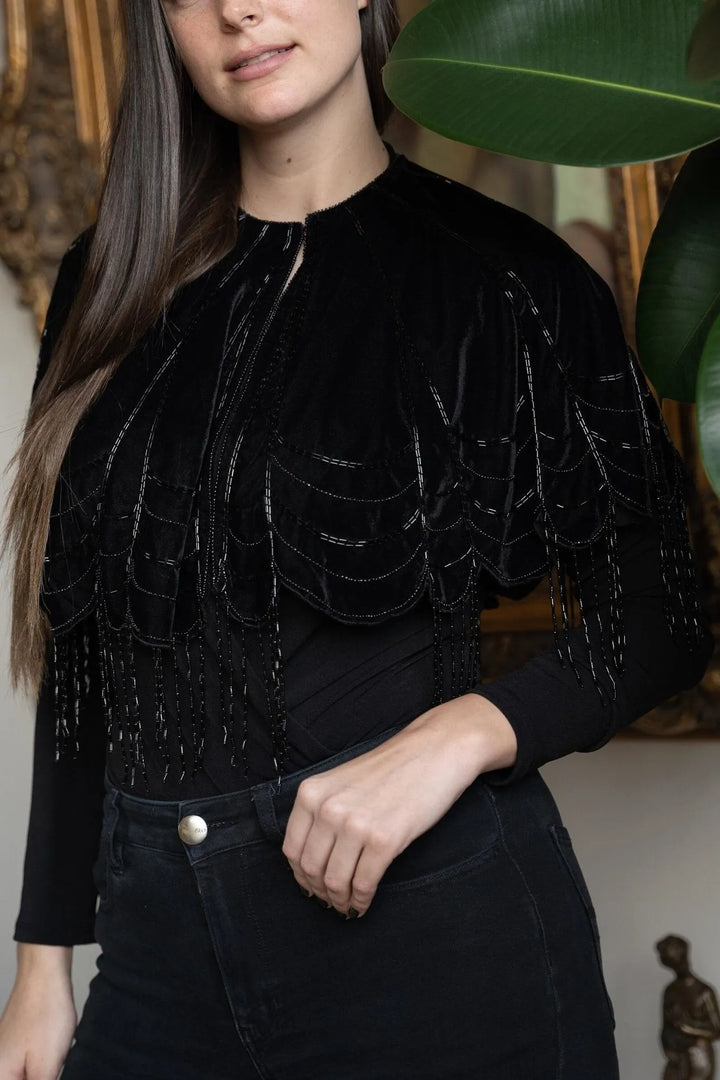 Scallops Embellished Velvet Capelet Black