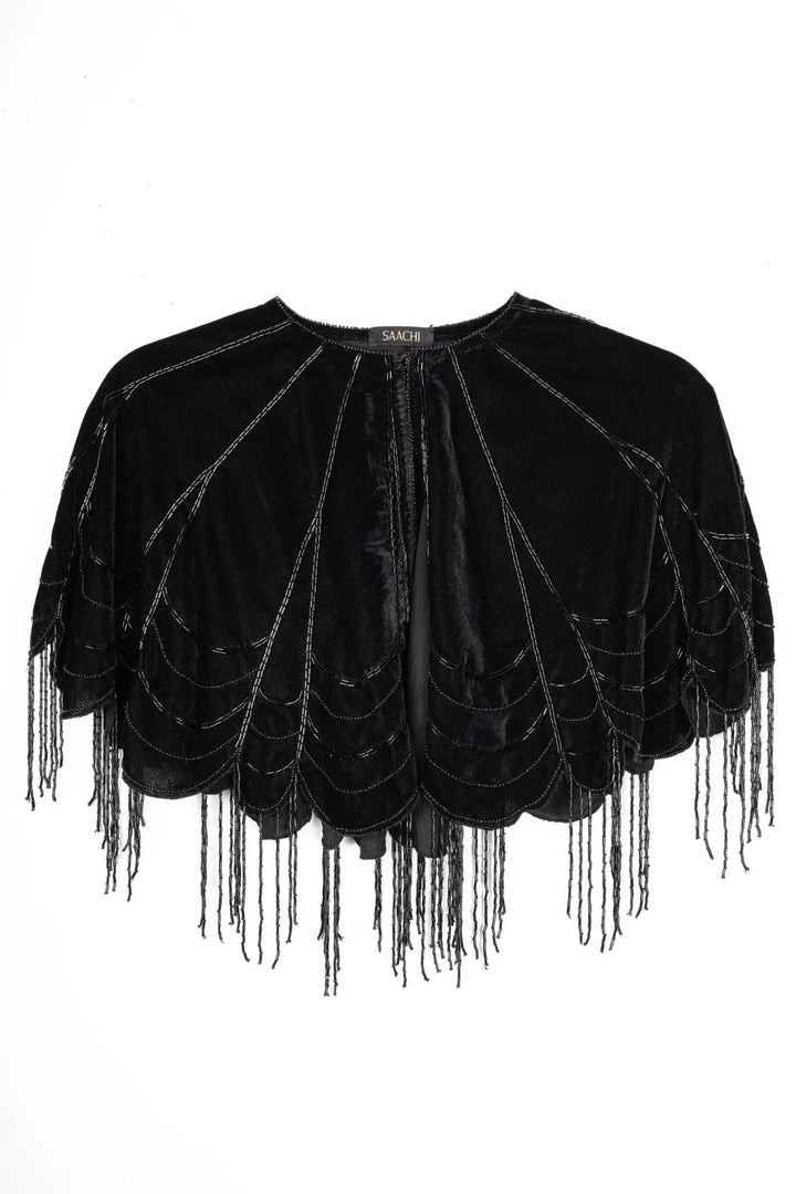 Scallops Embellished Velvet Capelet Black