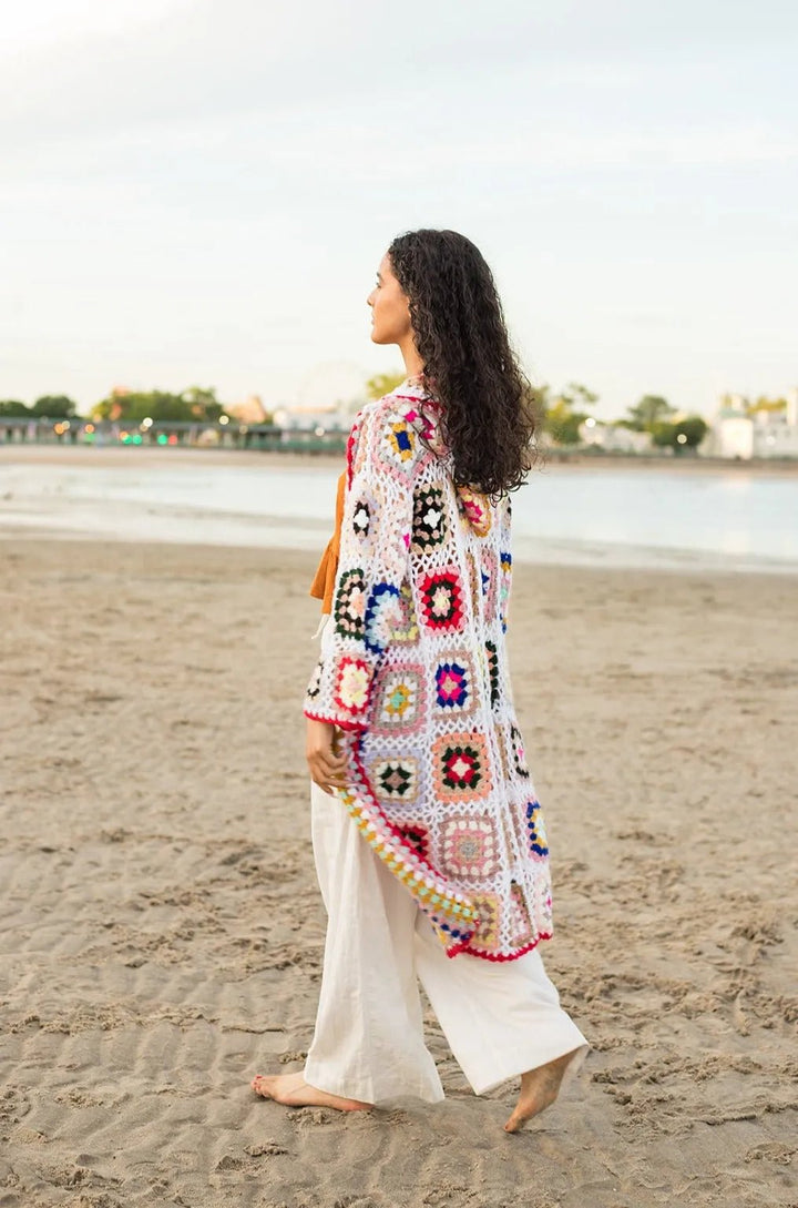 Hooded Granny Square Crochet Kimono White