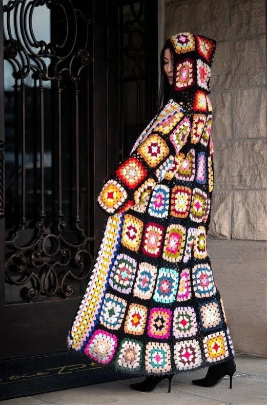 Hooded Granny Square Crochet Kimono Black