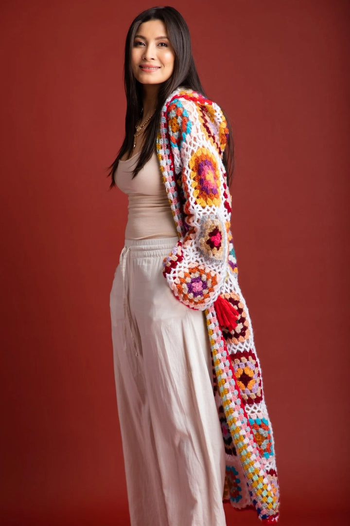 Hooded Granny Square Crochet Kimono White