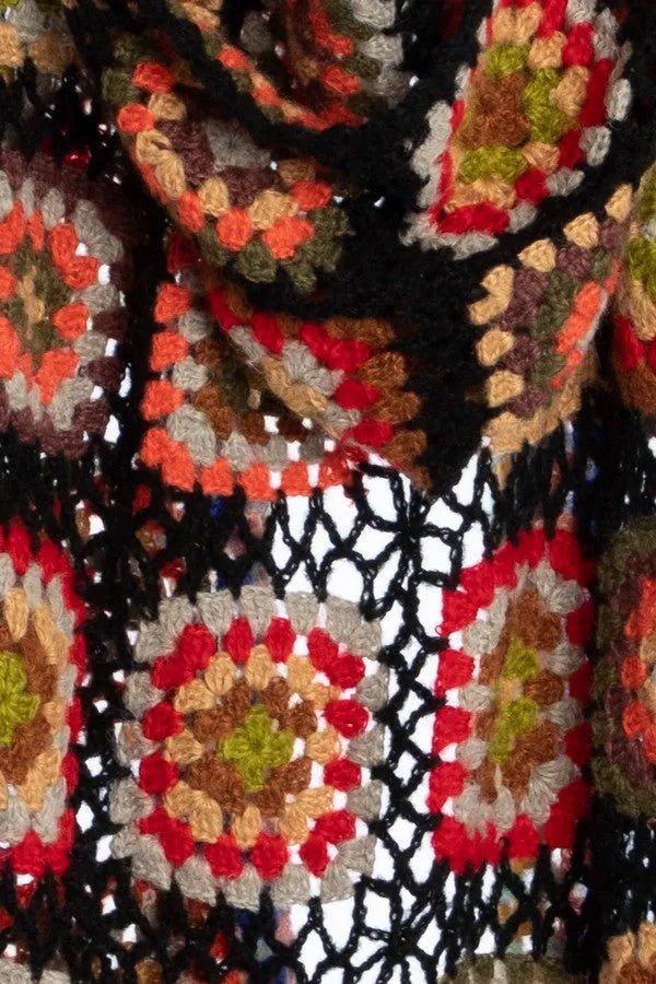 Hooded Granny Square Crochet Kimono Black