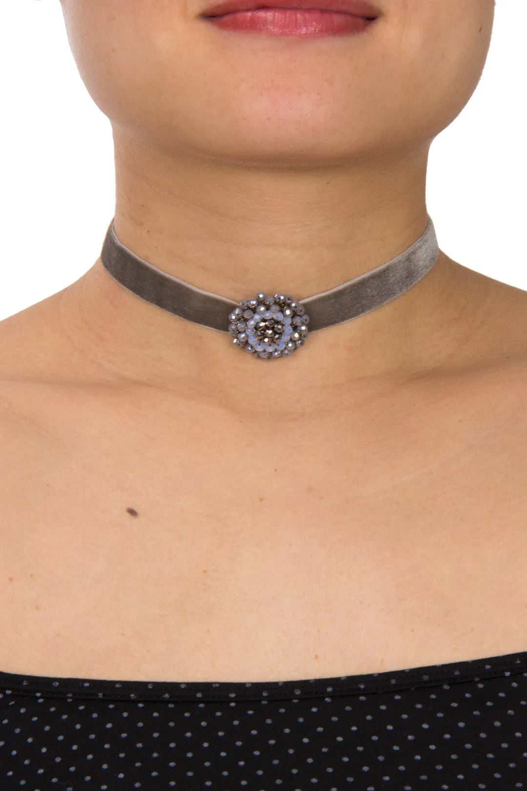 Velvet Choker with Beaded Flower Grey