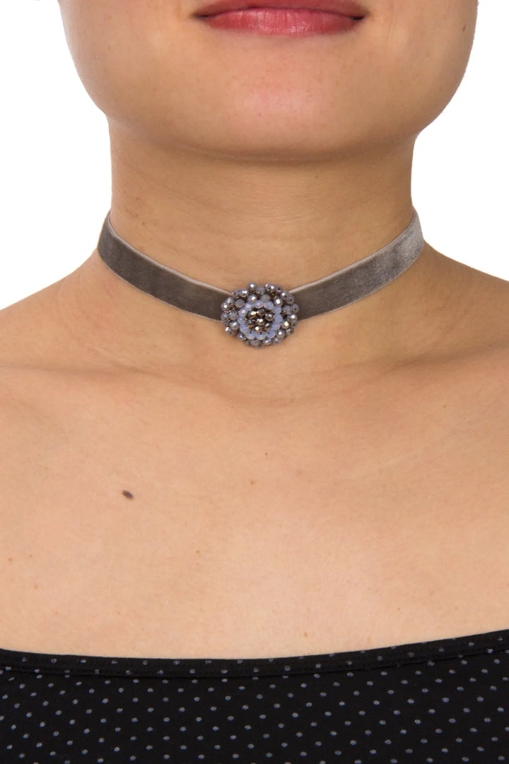 Velvet Choker with Beaded Flower Grey