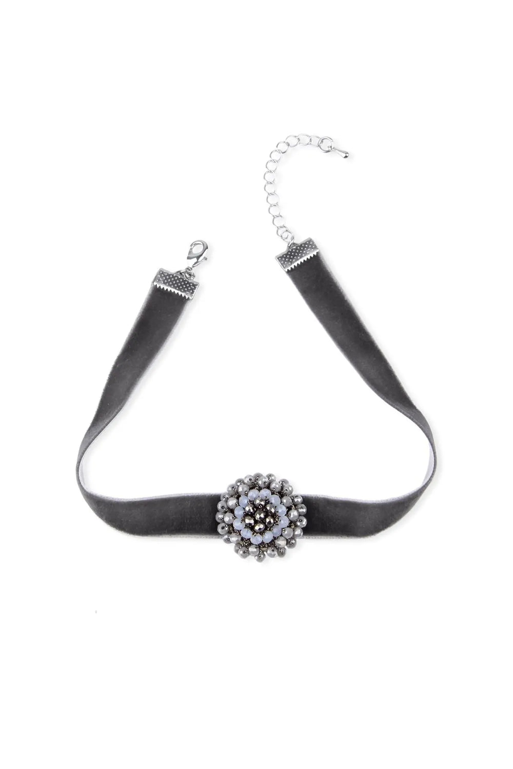 Velvet Choker with Beaded Flower Grey