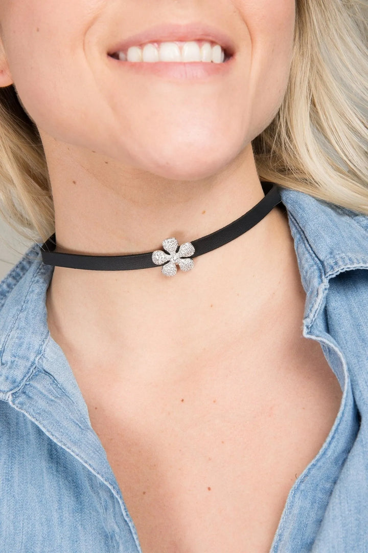 Dainty Crystal Flower Charm Choker Necklace Black