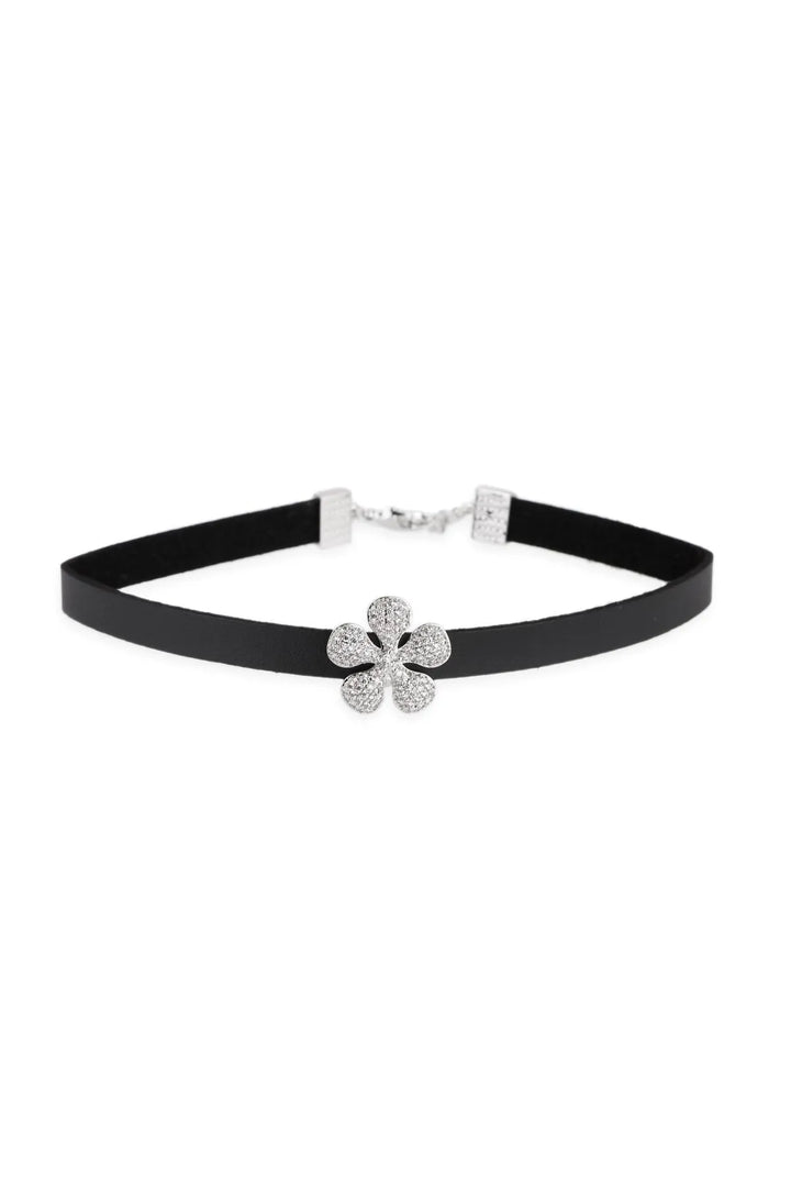 Dainty Crystal Flower Charm Choker Necklace Black