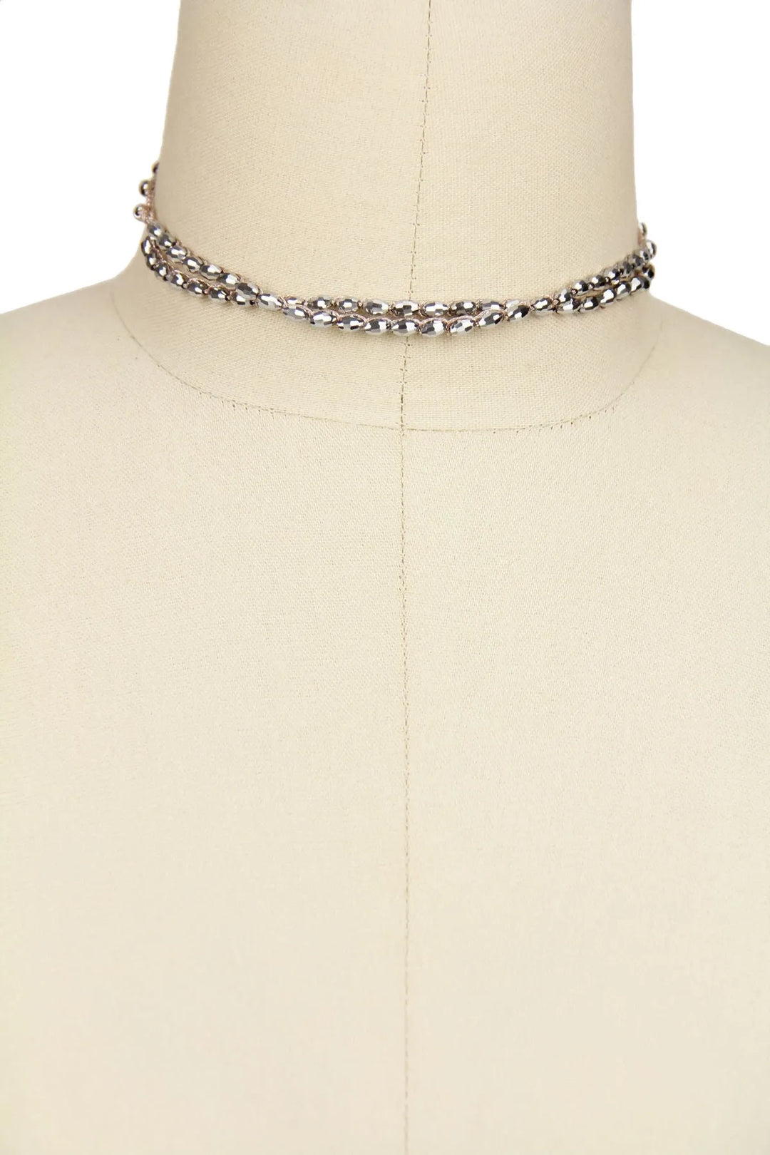 Delicate Double Strand Beaded Choker Necklace Silver