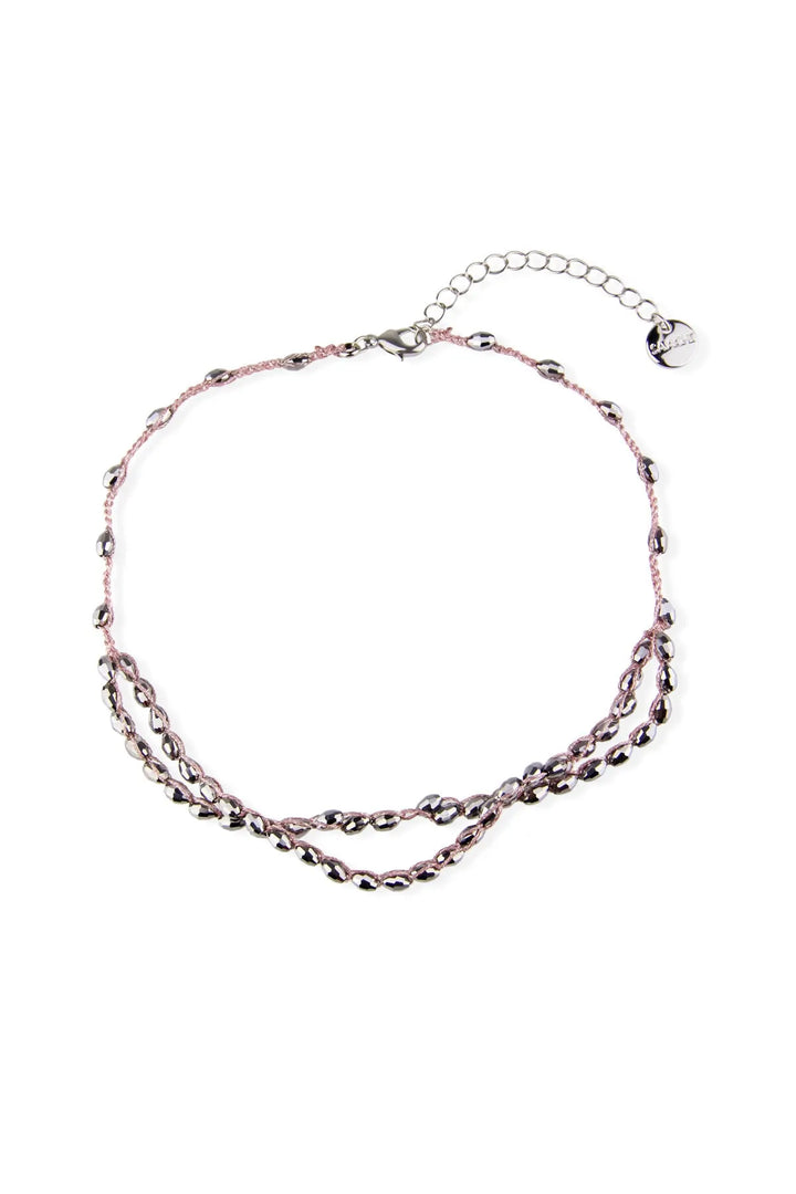 Delicate Double Strand Beaded Choker Necklace Silver