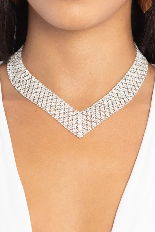 V Neck Crystal Necklace Silver