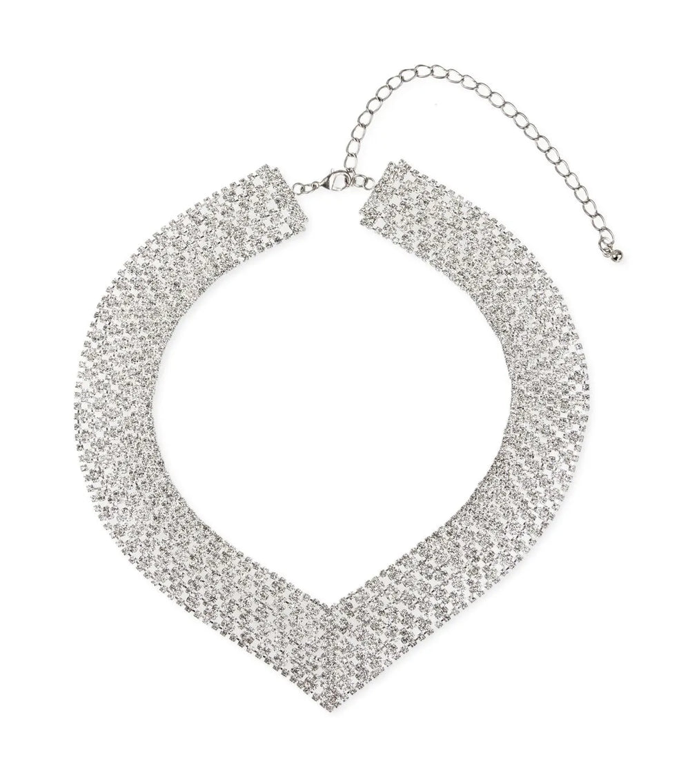 V Neck Crystal Necklace Silver