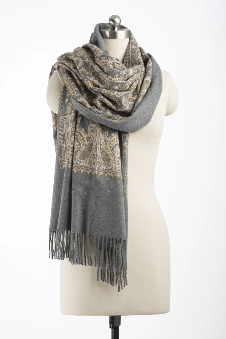 Nora Embroidered Reversible Scarf Grey