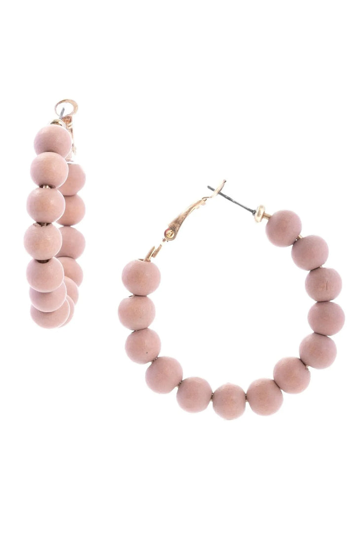 Wood Beaded Hoop Earrings Light pink