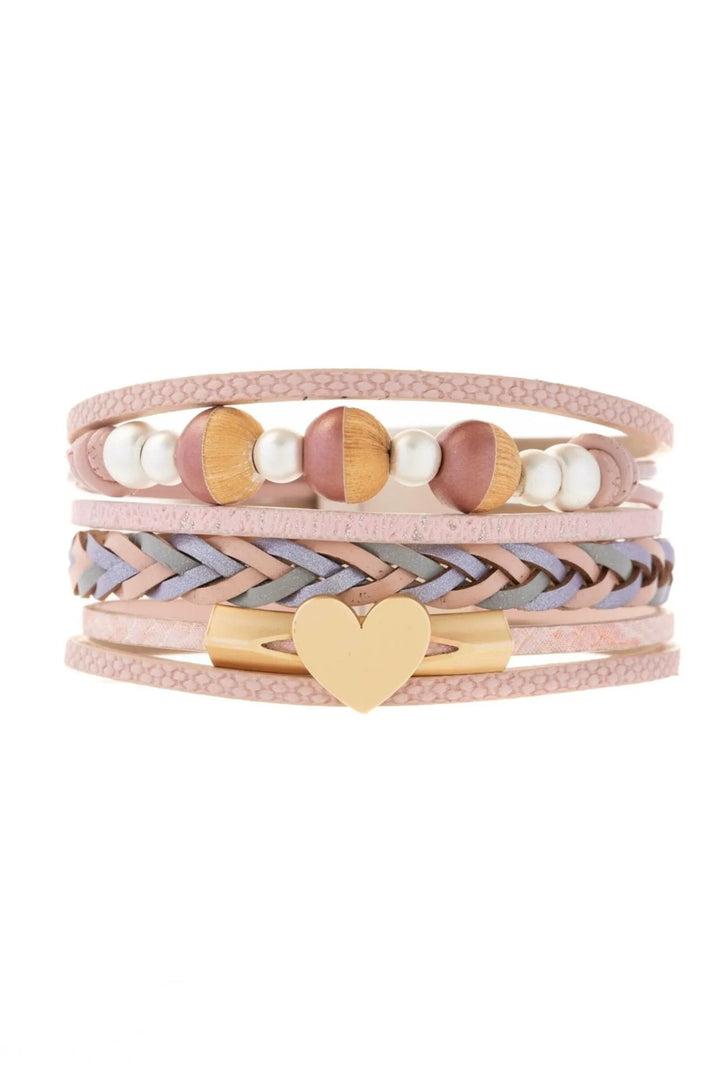 Wooden Beads Leather Bracelet Misty Rose