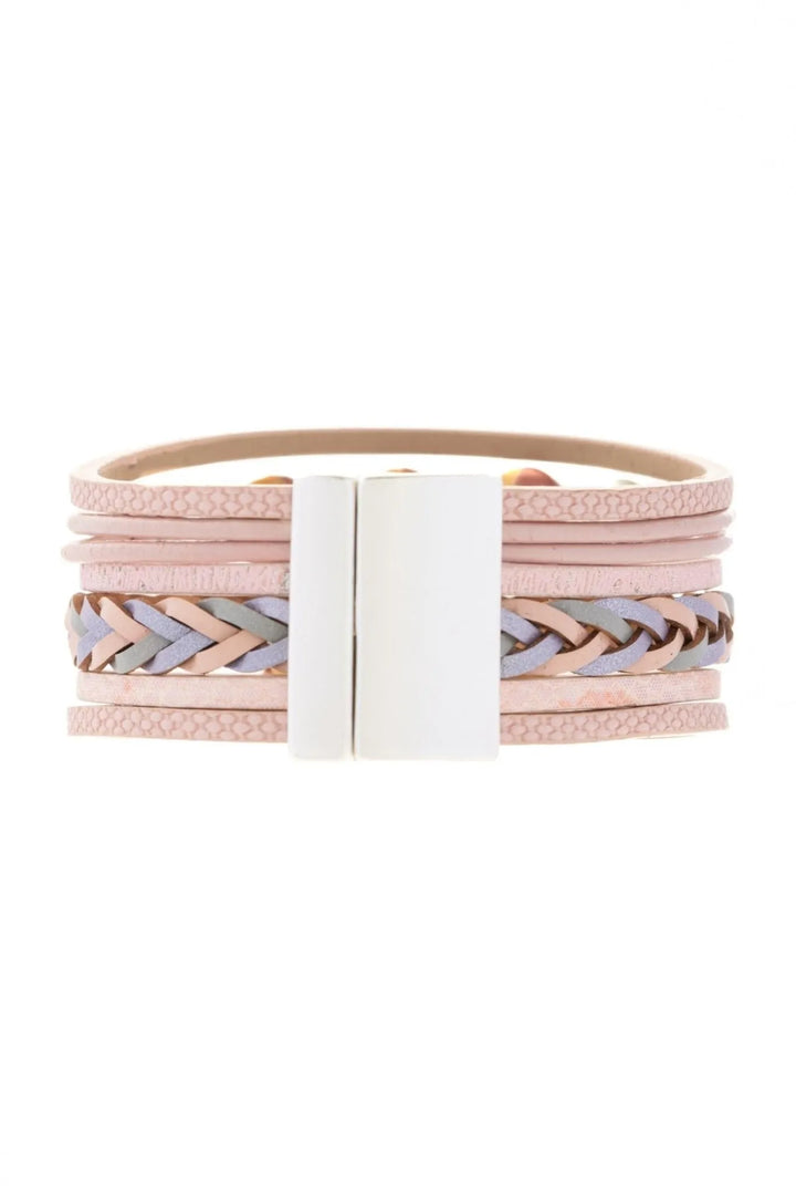 Wooden Beads Leather Bracelet Misty Rose