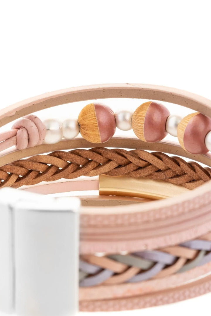 Wooden Beads Leather Bracelet Misty Rose